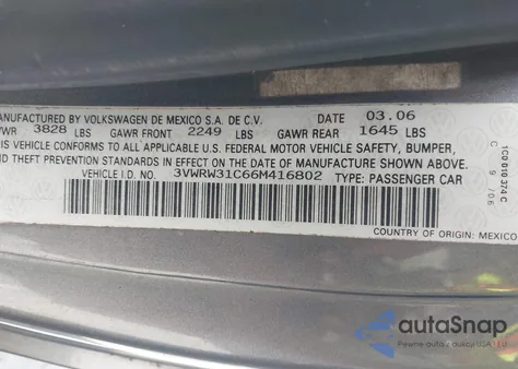 2006 Volkswagen New Beetle 2.5L Option Package 1 из США, поврежденный, VIN 3VWRW31C66M416802